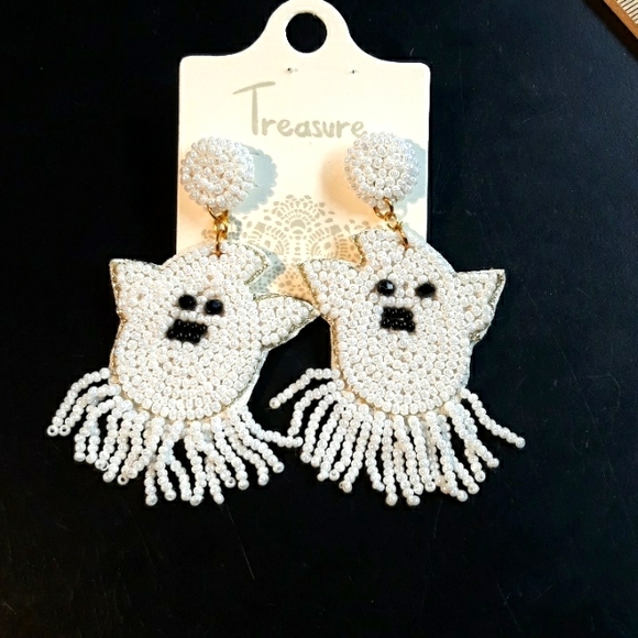 Halloween Ghost Seed Bead Earrings - Picture 2 of 5